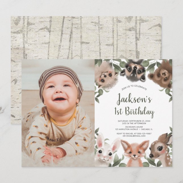 Woodland animals boys 1st birthday photo invitation (Front/Back)