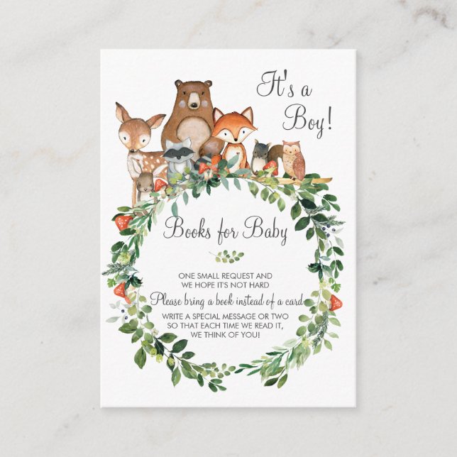 Woodland Animals Bring a Book Baby Shower Boy Enclosure Card (Front)