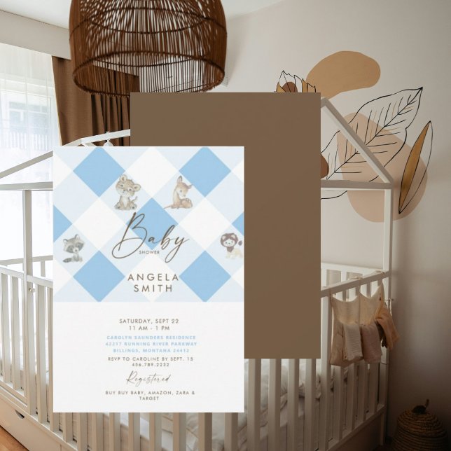 Woodland Animals Brown & Blue Cute Baby Shower Invitation (Creator Uploaded)