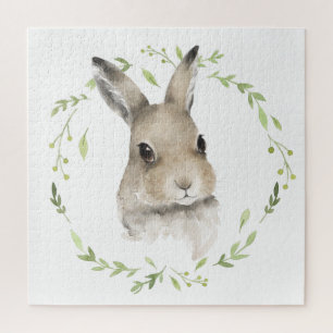 Woodland Animals Bunny Rabbit Watercolor Wreath Jigsaw Puzzle
