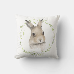 Woodland Animals Bunny Rabbit Watercolor Wreath Throw Pillow