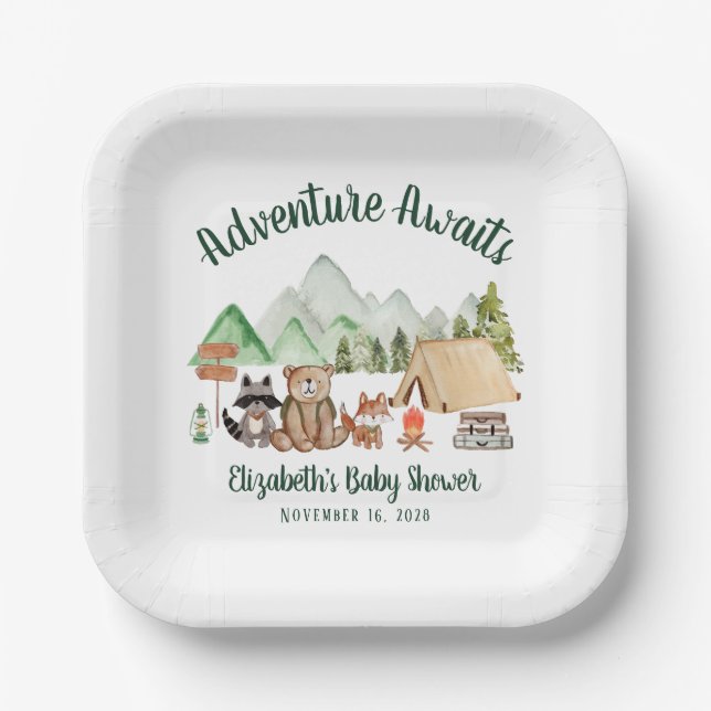 Woodland Animals Camping Adventure Baby Shower Paper Plate (Front)