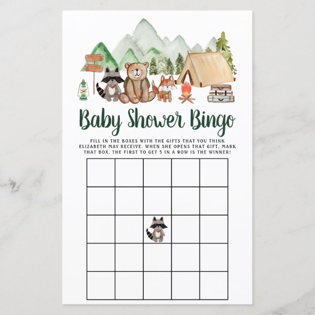 Woodland Animals Camping Baby Shower Bingo Game (Front)