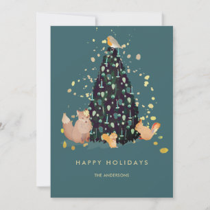 Woodland Animals Christmas Tree Teal Holiday Card