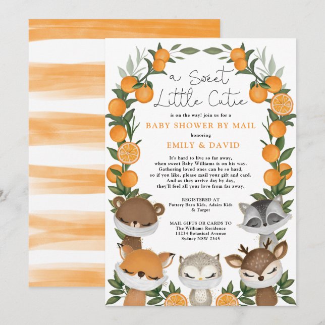 Woodland Animals Citrus Orange Baby Shower By Mail Invitation (Front/Back)
