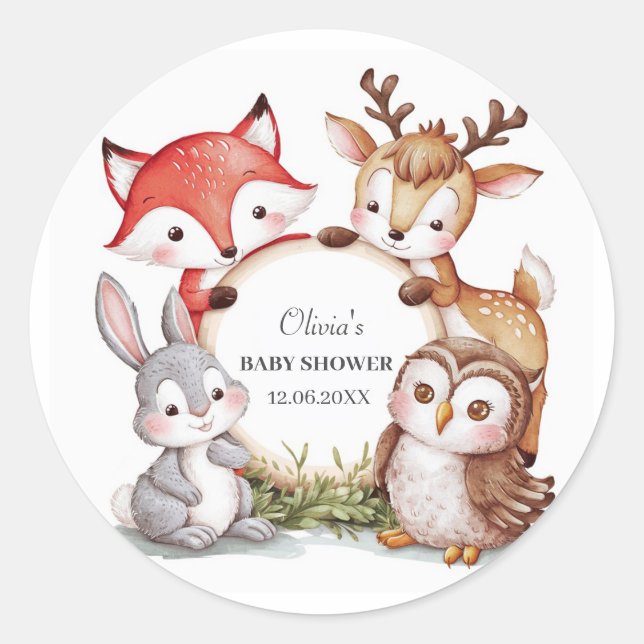 Woodland Animals Cute Baby Shower Classic Round Sticker (Front)