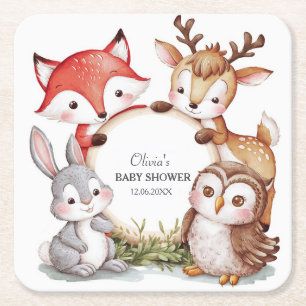 Woodland Animals Cute Baby Shower Square Paper Coaster