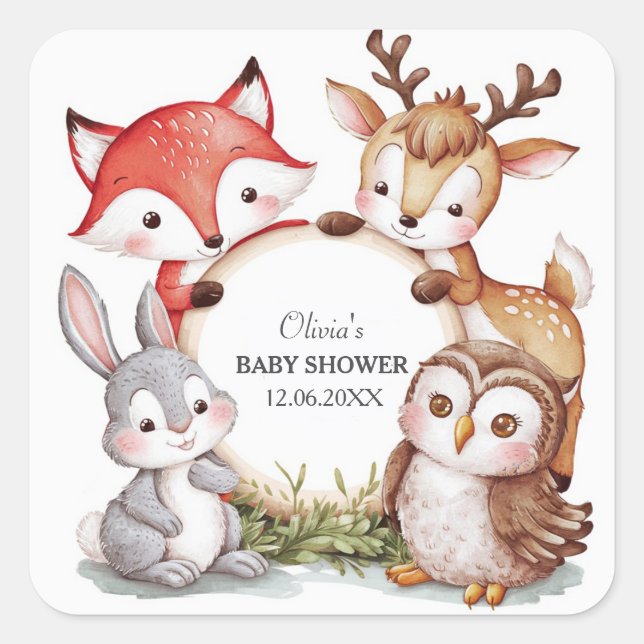 Woodland Animals Cute Baby Shower Square Sticker (Front)