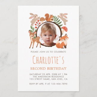 Woodland Animals Cute Girl Photo Second Birthday Invitation