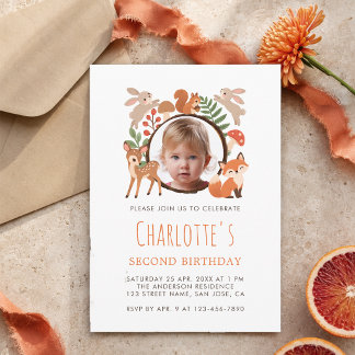 Woodland Animals Cute Girl Photo Second Birthday  Invitation