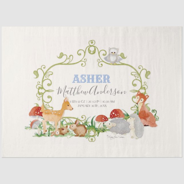 Woodland Animals Deer Fox Hedgehog Birth Stats Tissue Paper (Front)
