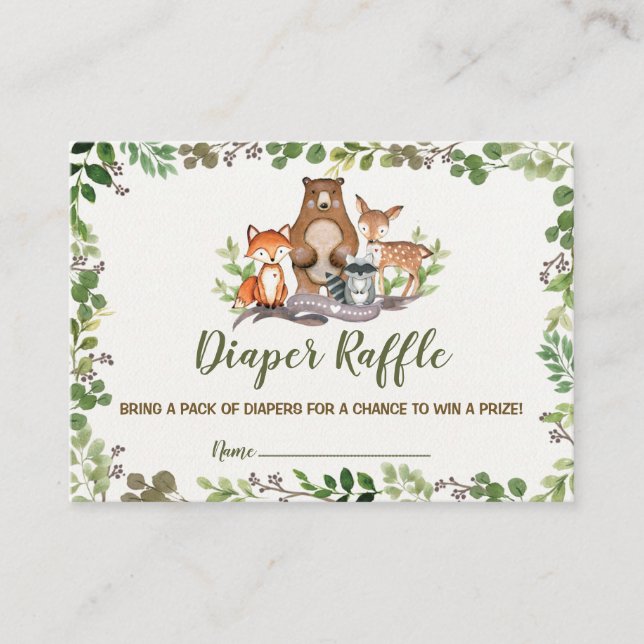 Woodland Animals Diaper Raffle Greenery Forest Enclosure Card (Front)