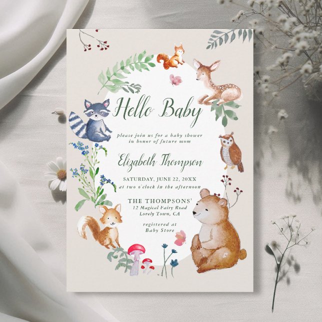 Woodland Animals Enchanted Wildflowers Baby Shower Invitation (woodland baby shower invitation enchanted woods forest bear fox deer wildflowers magic blue green)