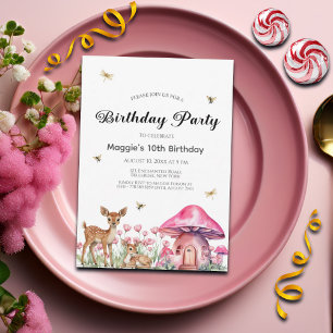 Woodland Animals Fairy Mushrooms 10th Birthday Invitation
