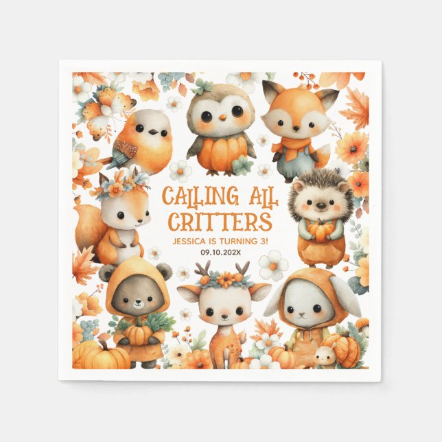 Woodland Animals Festive Autumn Kids' Birthday Napkin (Front)