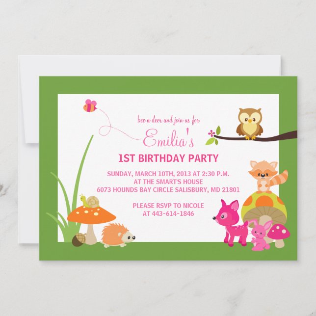 Woodland Animals First Birthday Invitations (Front)