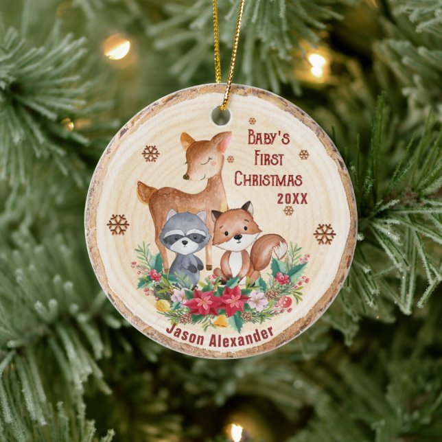 Woodland Animals First Christmas Personalized  Ceramic Ornament (Tree)