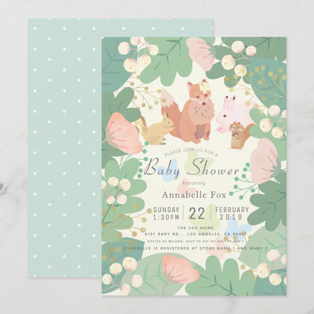 Woodland Animals Floral Foliage Baby Shower Invitation (Front/Back)