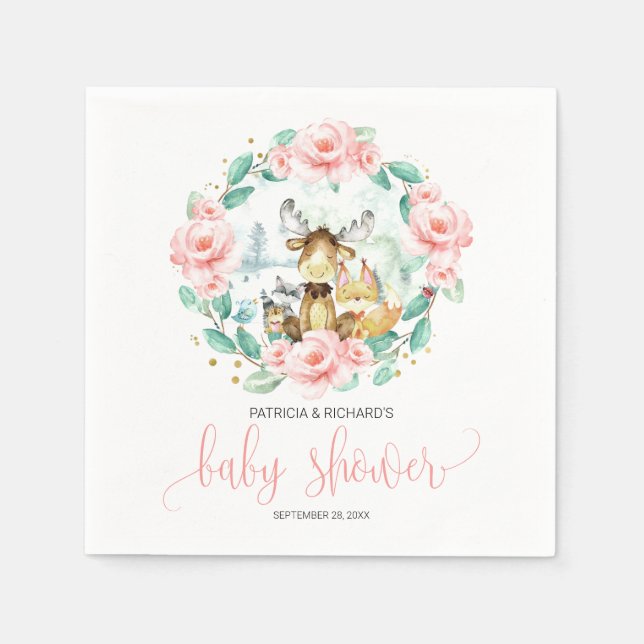 Woodland Animals Floral Greenery Baby Shower Napkin (Front)