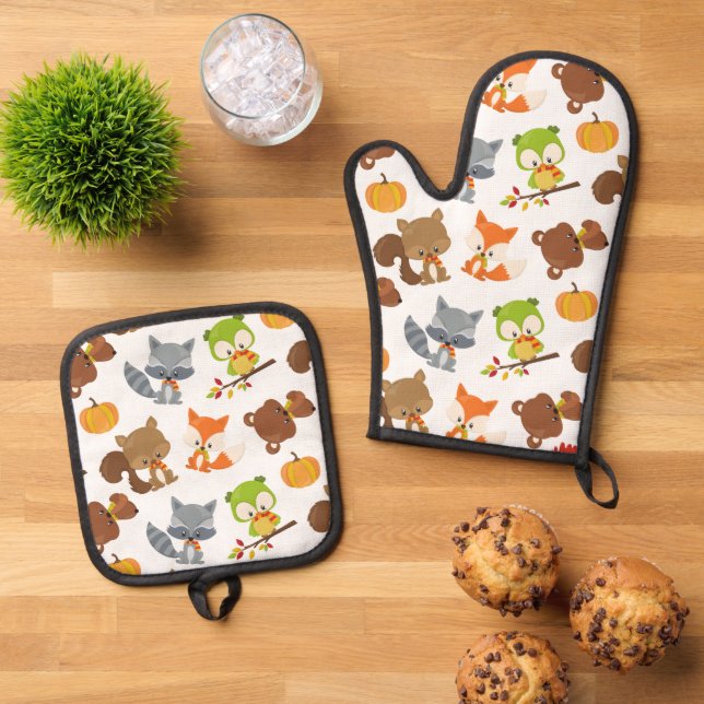 Woodland Animals, Forest Animals, Fall Animals Oven Mitt & Pot Holder Set (Top Down)