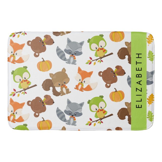 Woodland Animals, Forest Animals, Your Name Bath Mat (Front)