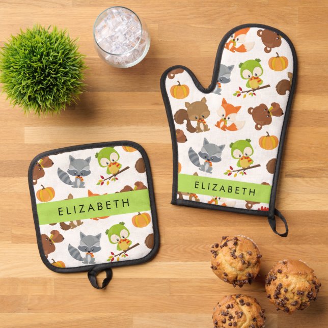 Woodland Animals, Forest Animals, Your Name Oven Mitt & Pot Holder Set (Top Down)