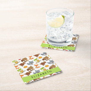 Woodland Animals, Forest Animals, Your Name Square Paper Coaster