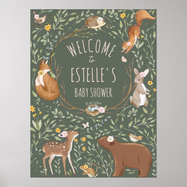 Woodland Animals Forest Baby Shower Welcome Sign (Front)