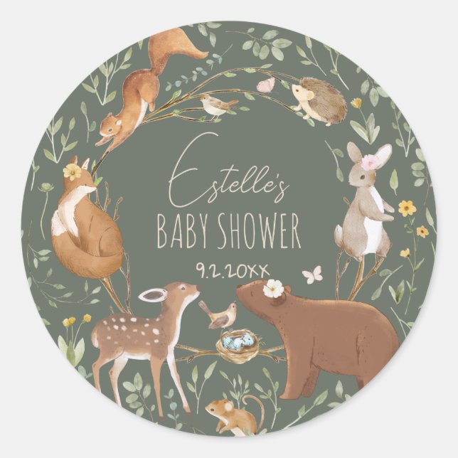 Woodland Animals Forest Friends Baby Shower Classic Round Sticker (Front)