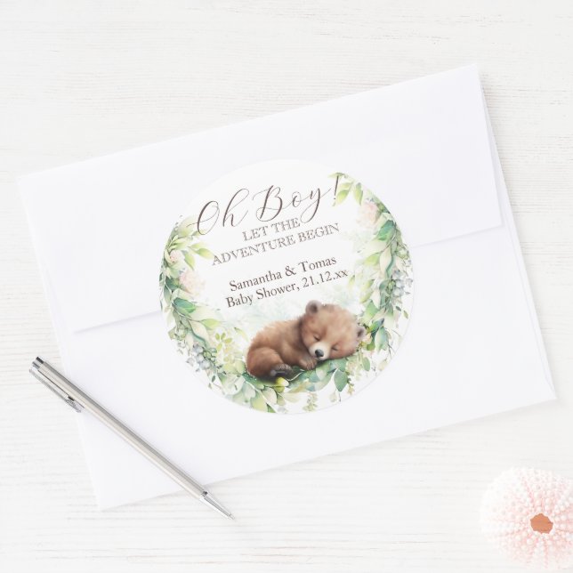 Woodland Animals Forest Greenery Baby Boy Shower Classic Round Sticker (Envelope)
