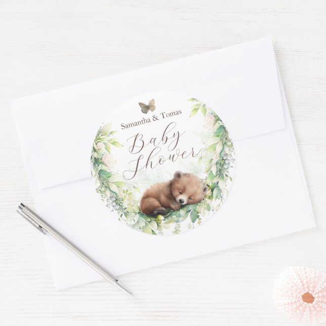 Woodland Animals Forest Greenery Baby Boy Shower Classic Round Sticker (Envelope)