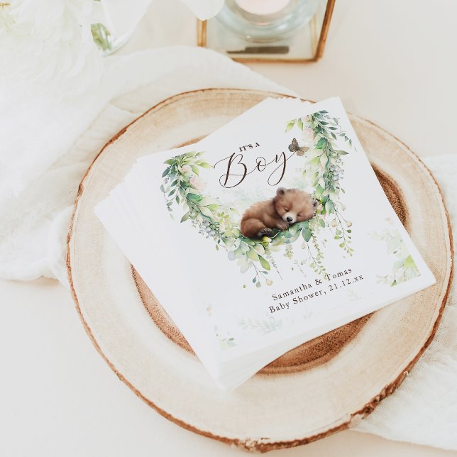 Woodland Animals Forest Greenery Baby Boy Shower Napkin (Creator Uploaded)