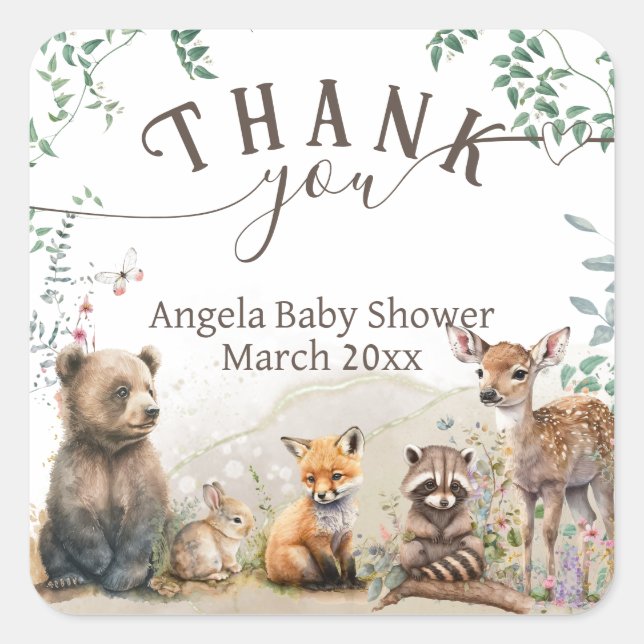 Woodland animals forest greenery Baby Shower Square Sticker (Front)