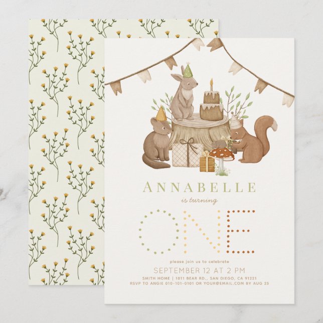 Woodland Animals Forest Party 1st Birthday Invitation (Front/Back)