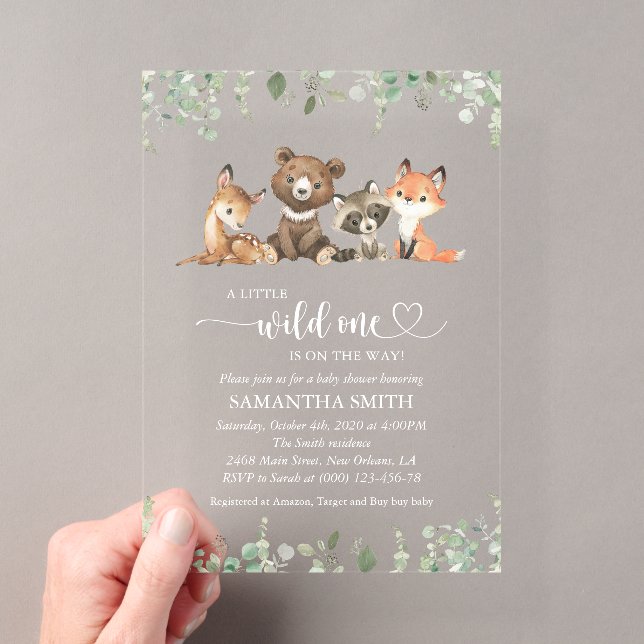Woodland Animals, Forest, Wild One, Baby Shower Acrylic Invitations (Insitu (Handheld))