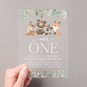 Woodland Animals, Forest, Wild One, First Birthday Acrylic Invitations