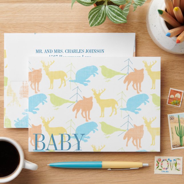 Woodland Animals Fox Baby Boy Shower Invitations Envelope (Desk)