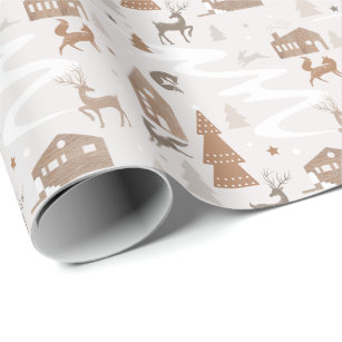 Woodland Animals Fox, Deer & Rabbit Cozy Village Wrapping Paper