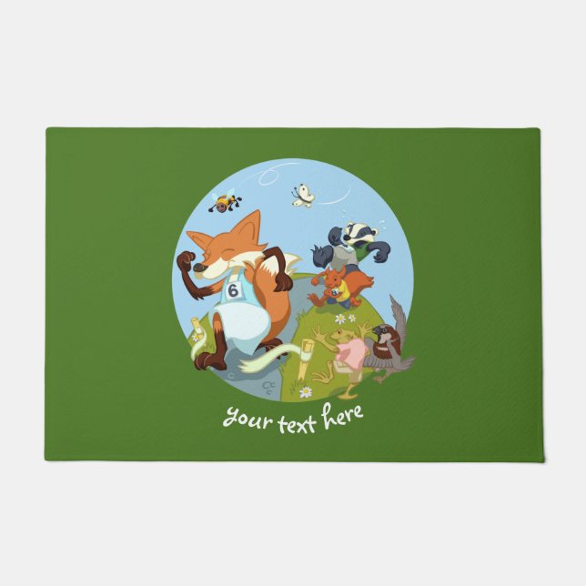 Woodland Animals Fun Running Fox & Badger Cartoon  Doormat (Front)