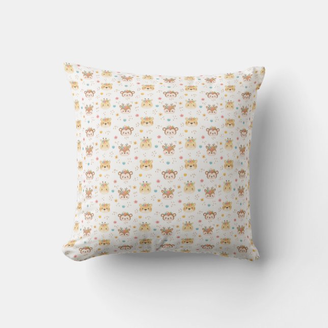 Woodland Animals Giraffe Monkey Throw Pillow (Front)