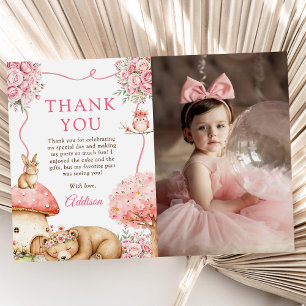Woodland Animals Girl 1st Birthday Party Photo Thank You Card