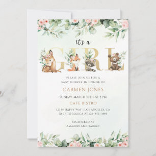 Woodland Animals Girl Baby Shower Green Invitation