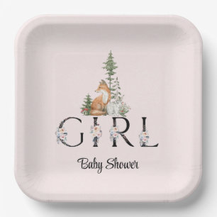 Woodland Animals Girl Baby Shower Paper Plate
