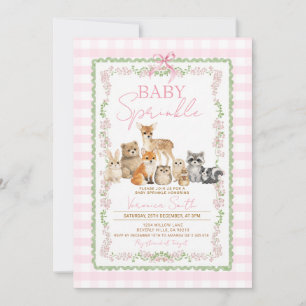 Woodland Animals Girl Sprinkle   Pink Gingham Invitation