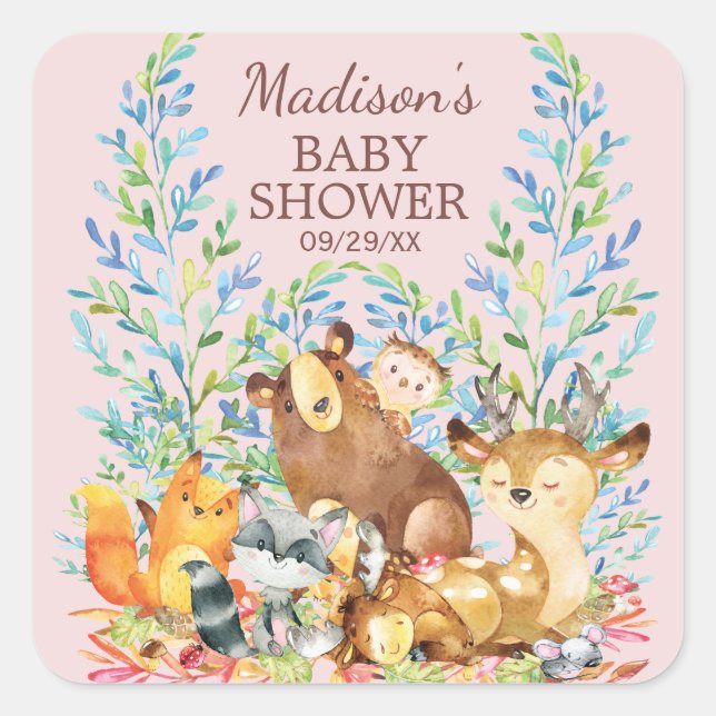 Woodland Animals Girls Baby Shower Favour Sticker (Front)
