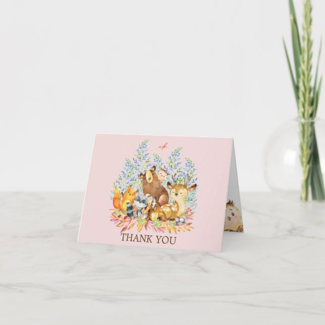 Woodland Animals Girls Baby Shower Thank You Note (Front)