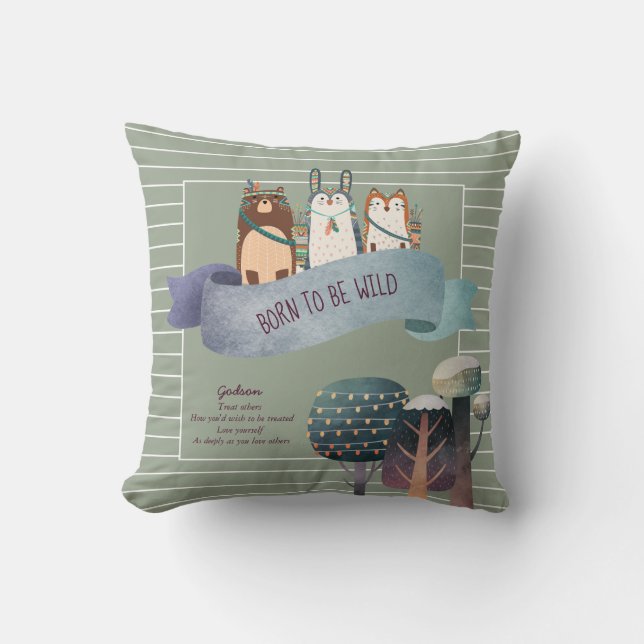 Woodland Animals GODSON Baptism Holy Communion Throw Pillow (Front)