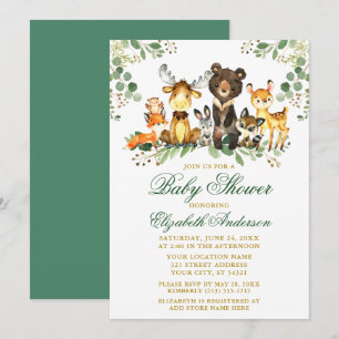 Woodland Animals Gold Green Baby Shower Invitation