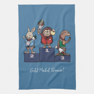 Woodland Animals Gold Medal Winner Gift Podium Art Kitchen Towel