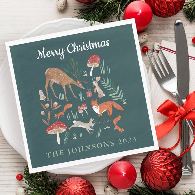 Woodland Animals Green Christmas  Napkin (Cute Woodland Animals Green Christmas Napkins)